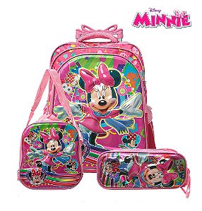 Kit Mochila Escolar Bolsa Minnie Rosa 3D Disney Rodinha