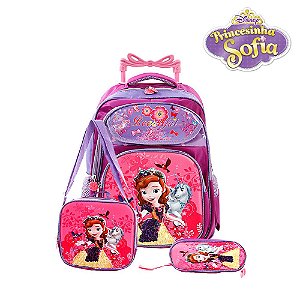 Kit Mochila Infantil Escolar Princesinha Sofia Rodinhas