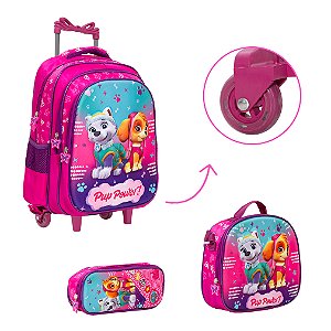 Kit Mochila Escolar Bolsa Patrulha Canina Skye 3D Rodinha