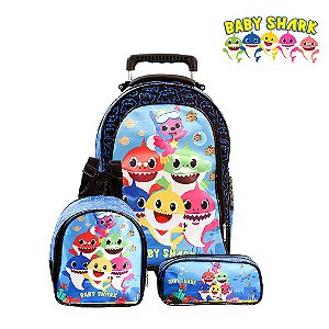 Kit Mochila Infantil Escolar Baby Shark Azul com Rodinhas