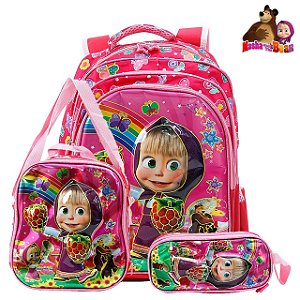 Kit Mochila Escolar Infantil Masha E O Urso 3D De Costas
