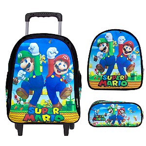 Mochila Escola Infantil Mario Bross Rodinha Lancheira+Estojo