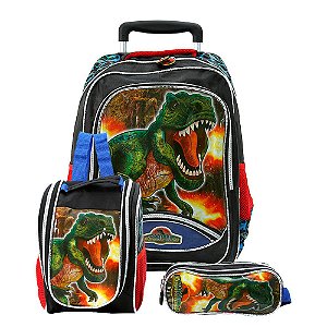 Kit Mochila Escolar Infantil T-Rex Dinossauro Com Rodinhas
