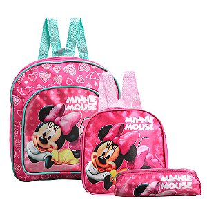 Mochila Escolar Minnie Mouse Rosa Costas Lancheira+Estojo
