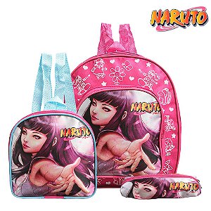Kit Mochila Escolar Infantil Hinata Anime Naruto Rosa Costa