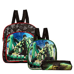 Mochila Escolar Incrível Hulk Costas Kit Lancheira+Estojo