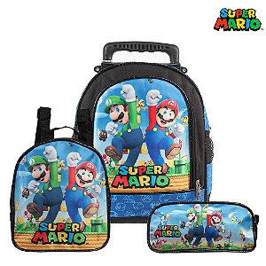 Mochila Escolar Super Mario Rodinha Kit Lancheira+Estojo