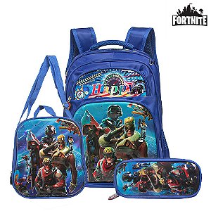 Mochila Escolar Fortnite Jogo Costas Kit Lancheira+Estojo