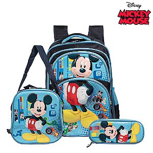 Mochila Escolar Mickey Disney Costas Kit Lancheira+Estojo