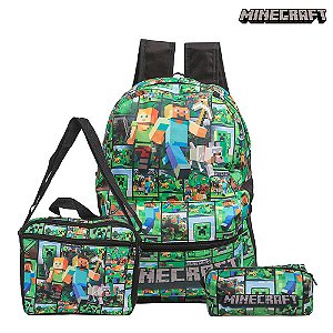 Mochila Escolar Juvenil Minecraft De Costa Lancheira+Estojo