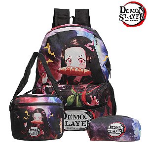 Kit Mochila Escolar Bolsa Demon Slayer Nezuko Kimetsu Costas