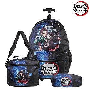 Mochila Escola Demon Slayer Rodinha Kit Lancheira+Estojo