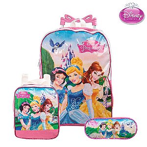 Mochila Escola Grande Princesas Disney Rodinha Lancheira+Est
