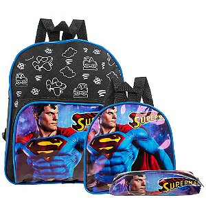 Mochila Escolar Super Homem Herois Costas Lancheira+Estojo