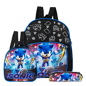 Kit Mochila Infantil Pequena Sonic Runner Filme de Costa