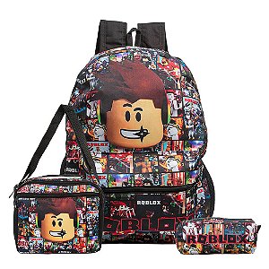 Mochila Escolar Jogo Roblox Costas Kit Lancheira+Estojo