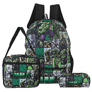 Mochila Escolar Juvenil Incrível Hulk Costa Lancheira+Estojo
