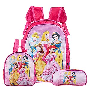 Mochila Escolar Princesas Menina Costas Kit Lancheira+Estojo
