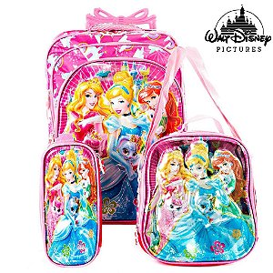 Mochila Escolar Princesa Menina Rodinha Kit Lancheira+Estojo