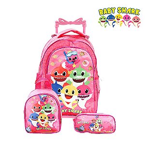 Kit Mochila De Rodinha Infantil Escolar Baby Shark Rosa