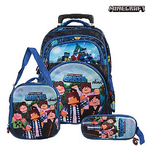 Mochila Escola Grande Minecraft Rodinha Lancheira+Estojo