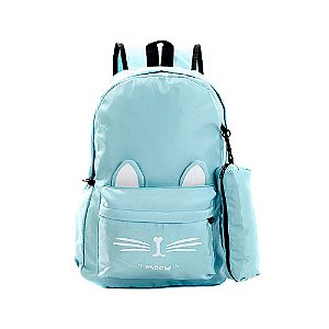 Mochila Escolar Feminina de Gatinha Azul Claro Bolsa+Estojo