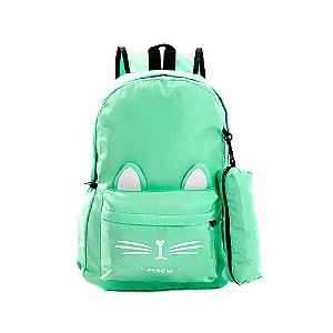 Mochila Escolar Feminina de Gatinha Verde Claro Bolsa+Estojo