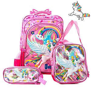 Kit Mochila Escolar Infantil Unicórnio Zoo 3D Rodinhas