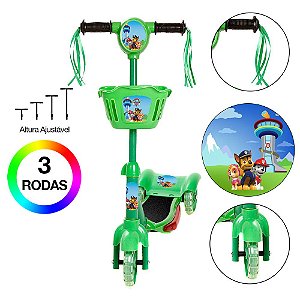Patinete Infantil Patrulha Canina Verde 3 Rodas Ajustável