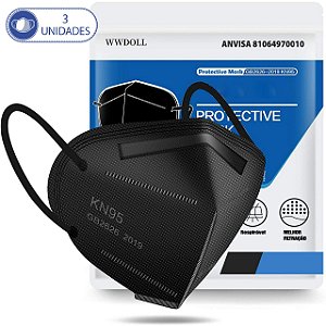 3Un Máscaras Descartáveis Preta KN95 PFF2 WWDoll Cód Anvisa