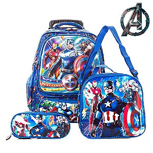 Mochila Escolar Capitão América Rodinhas Lancheira+Estojo