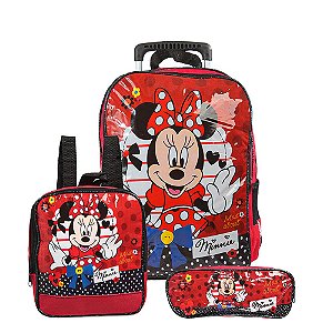 Mochila Escola Grande Minnie Disney Rodinha Lancheira+Estojo