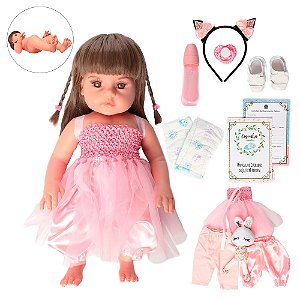 Boneca Bebê Reborn C/ Carrinho Rosa Bolsa Maternidade Jogo - Milk