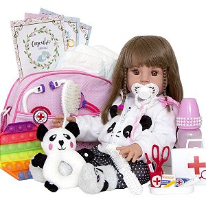 Bebe Reborn Siliconado Realista Pandinha com Acessórios Luxo