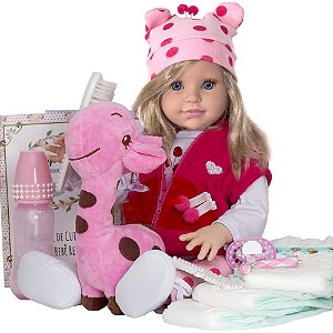 Boneca Menina Realista Girafinha com Roupa de Girafa 8 Itens