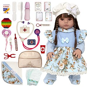 Boneca Bebe Reborn Realista Fofa com Roupa Azul e Itens Luxo