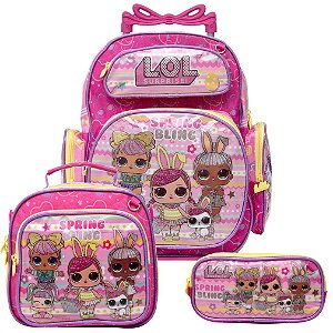Kit Mochila Feminina Escolar de Rodinha LOL com Lancheira