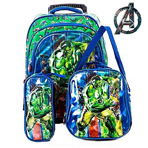 Kit Mochila Escolar Infantil 3d Hulk Com Rodinhas