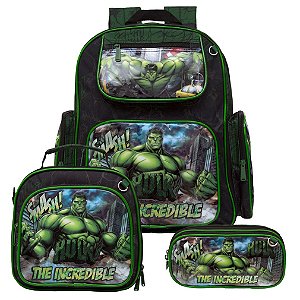 Mochila Masculina de Costas Hulk Preta + Lancheira e Estojo