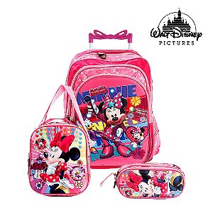 Kit Mochila Rosa Infantil Escolar Minnie 6D com Led e Rodinh