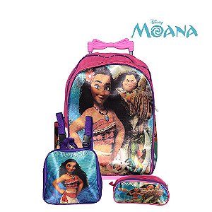 Kit Mochila Escolar Infantil Moana Disney com Rodinhas