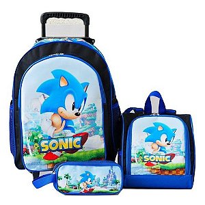Kit Mochila Escolar Infantil Sonic Azul Com Rodinhas