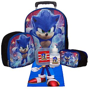 Kit Mochila Masculina Grande Escola Sonic Rodinha + Toalha