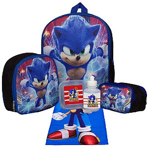 Kit Mochila Escolar Infantil Sonic O Filme Costas com 6 Pçs