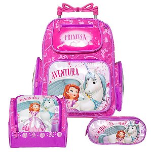 Mochila Menina Escolar Rodinha Princesa Sofia com Lancheira