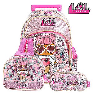 Kit Mochila Escolar Infantil LOL GLITER FLOWER Com Rodinhas