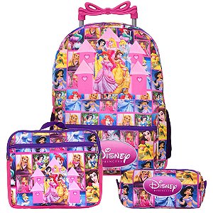 Mochila Feminina Escolar de Rodinha Princesas com Lancheira