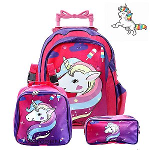 Kit Mochila Escolar Infantil Unicórnio Rosa De Rodinha