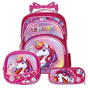 Kit Mochila Infantil Escolar Unicórnio 3D de Rodinhas