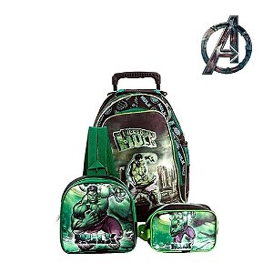 Kit Mochila Infantil Escolar Incrível Hulk Com Rodinha